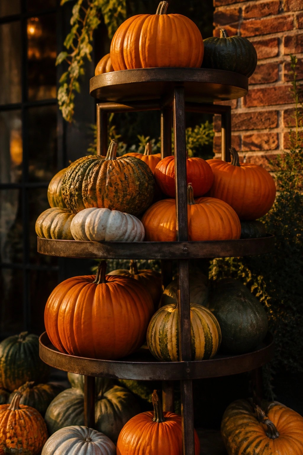 Tiered metal stand filled with orange, green, and white pumpkins of various sizes placed outdoors against a brick wall.