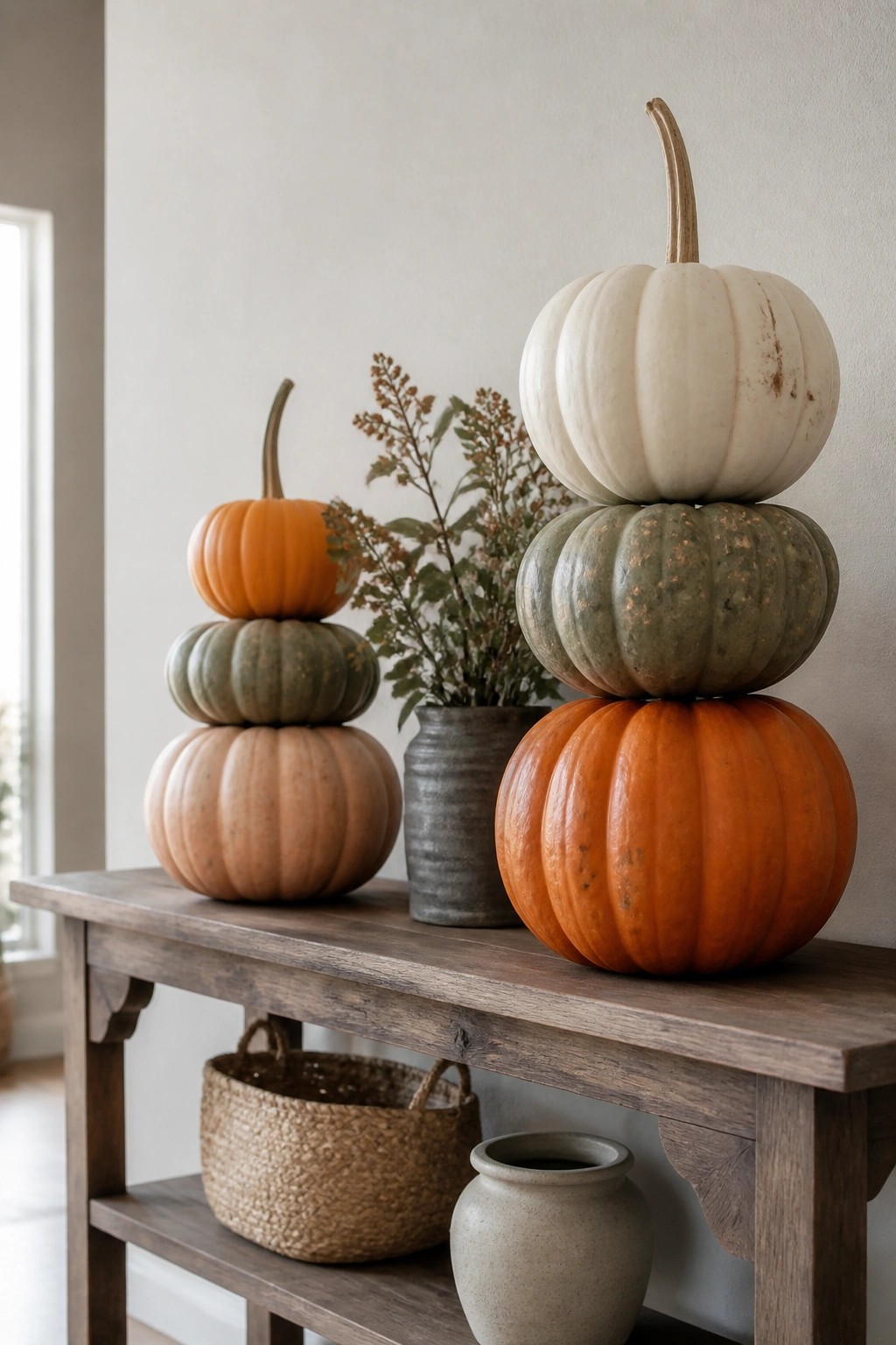 Stacked pumpkins in orange, white, and green on rustic wooden table with vases.