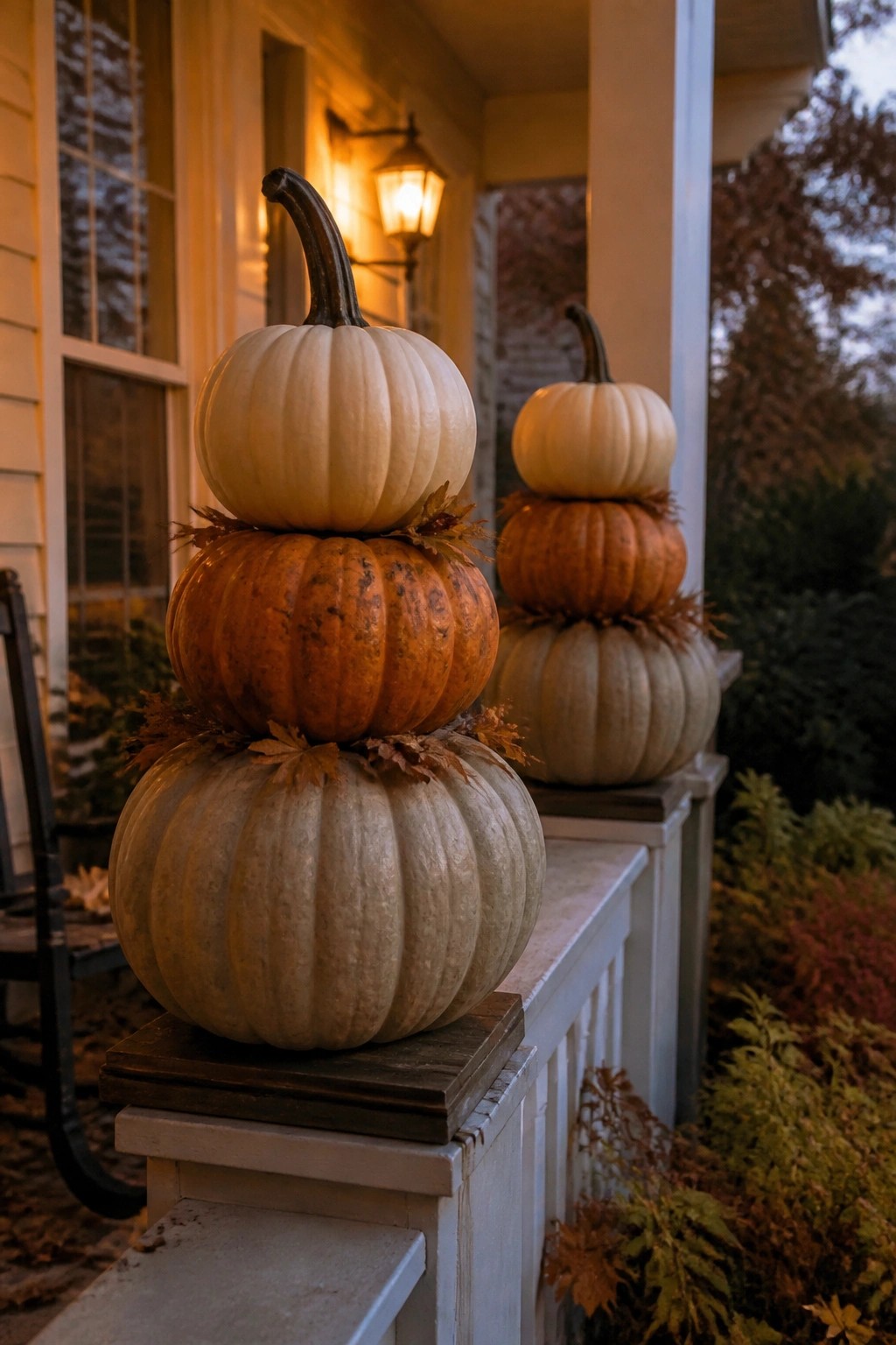 Stacked white and orange pumpkins with autumn leaves on porch railing at dusk