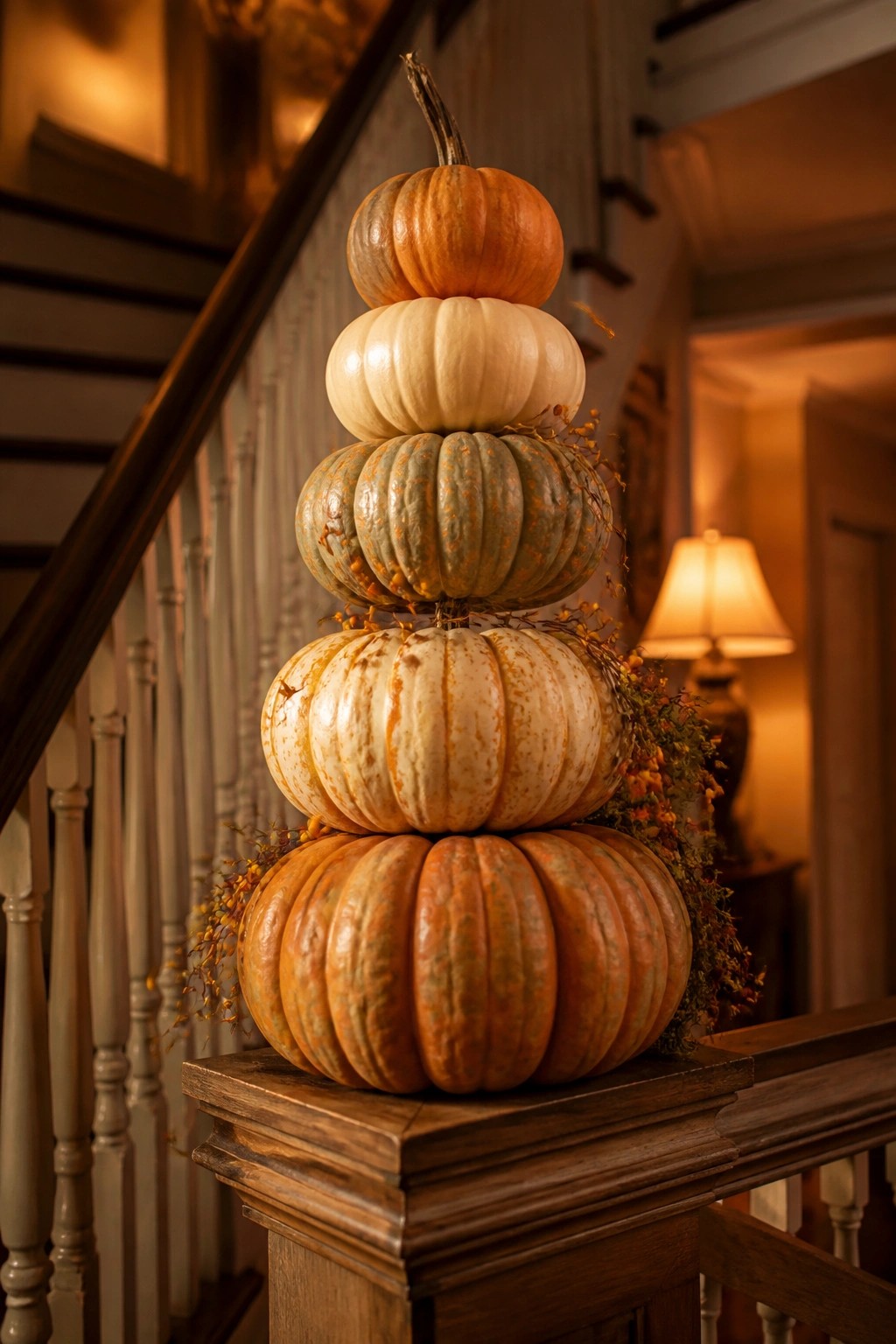 A tall stack of pumpkins in orange, white, and muted green tones sits on a wooden staircase newel post with small berry sprigs tucked between them.
