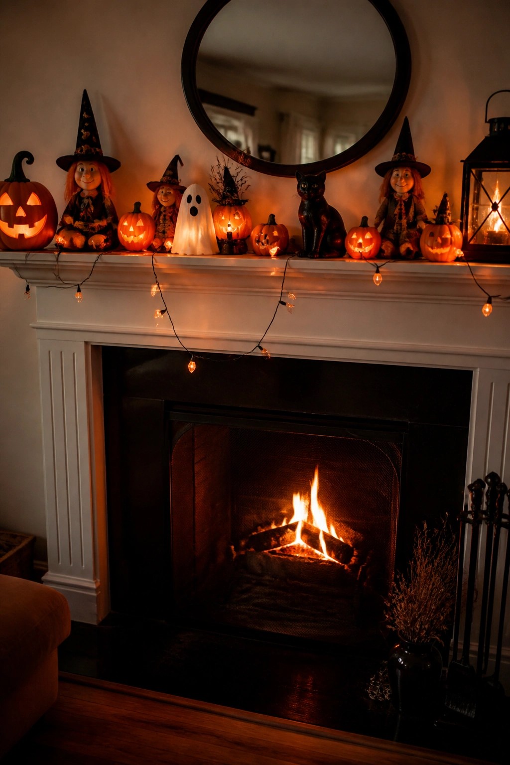 Fireplace mantel with glowing pumpkins, witch dolls, ghost, black cat, and string lights above fire