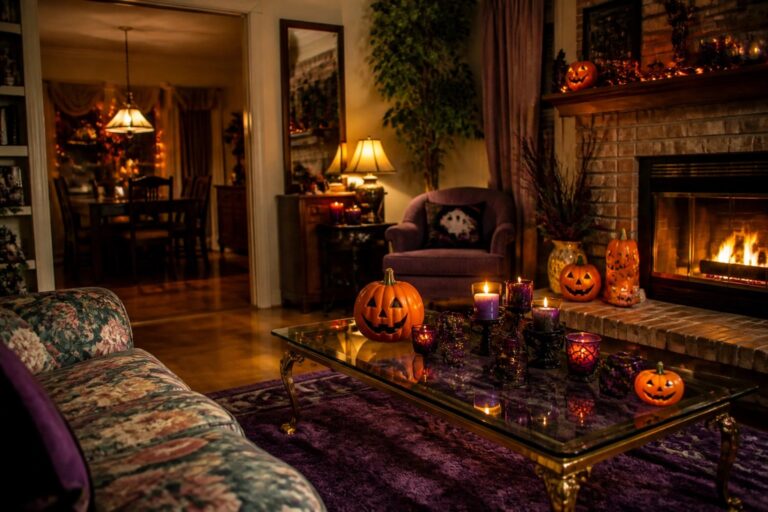 21 Throwback 90S Halloween Ideas Packed With Nostalgic Fun Halloween living room with glowing pumpkins, pink coffee table, and colorful rug