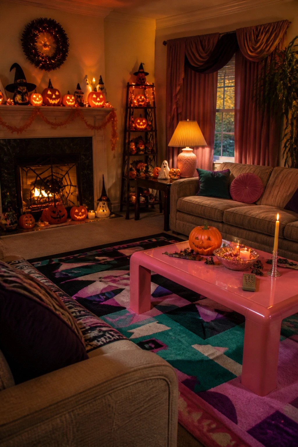 Halloween living room with glowing pumpkins, pink coffee table, and colorful rug