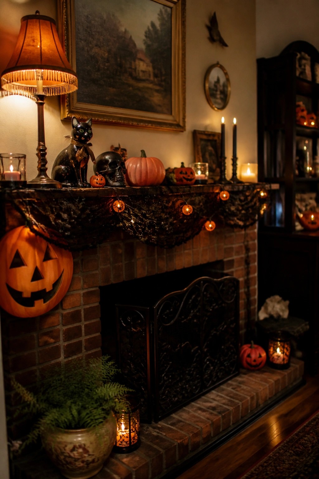 Brick fireplace mantel decorated with multiple carved jack o lanterns, a black cat figurine, a skull, small pumpkins, and string lights.