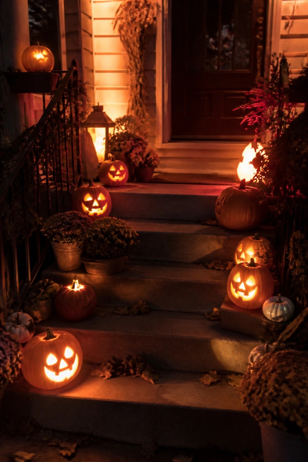 Front porch steps lined with multiple glowing jack-o'-lanterns at night.