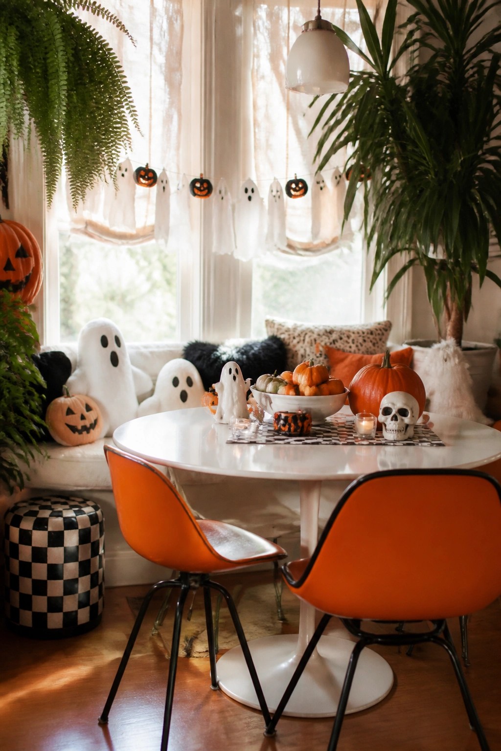 Dining room window with a string of white ghost figures and small jack-o'-lanterns hanging across the glass.