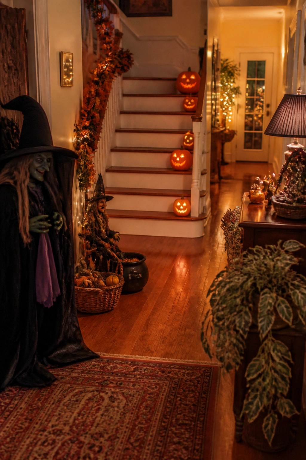 Entryway staircase lined with carved jack o lanterns and two witch figures positioned at the bottom beside a basket and cauldron.