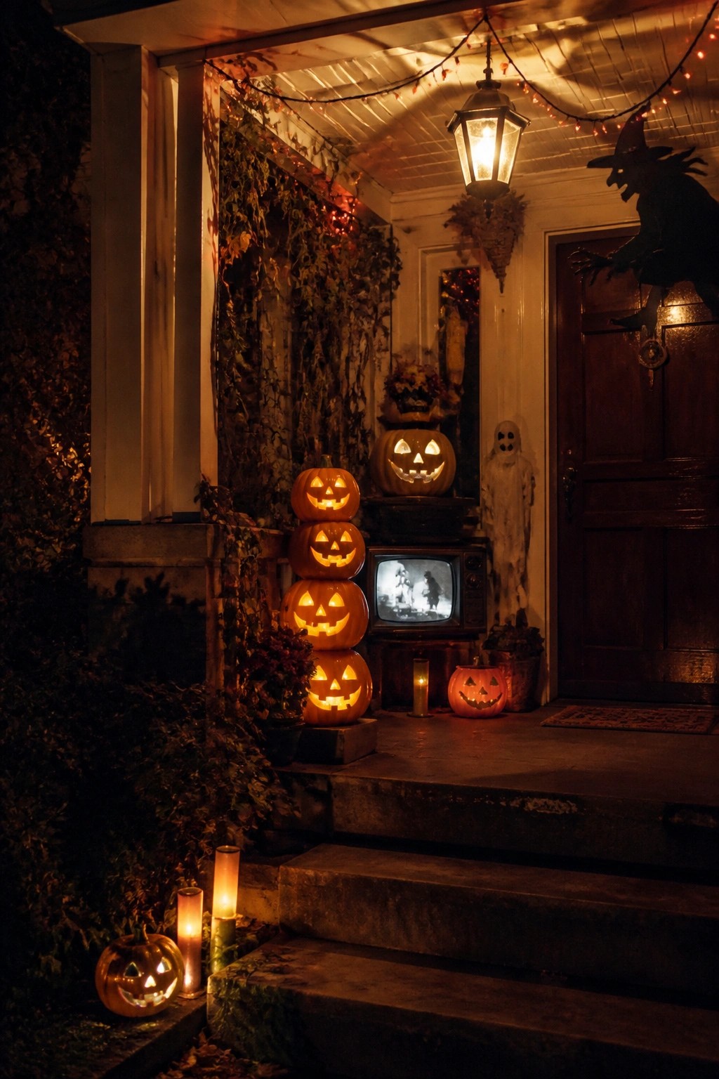 Front porch decorated with a stack of carved jack o lanterns next to an old CRT television displaying a vintage scene, a witch silhouette on the door, and string lights overhead.