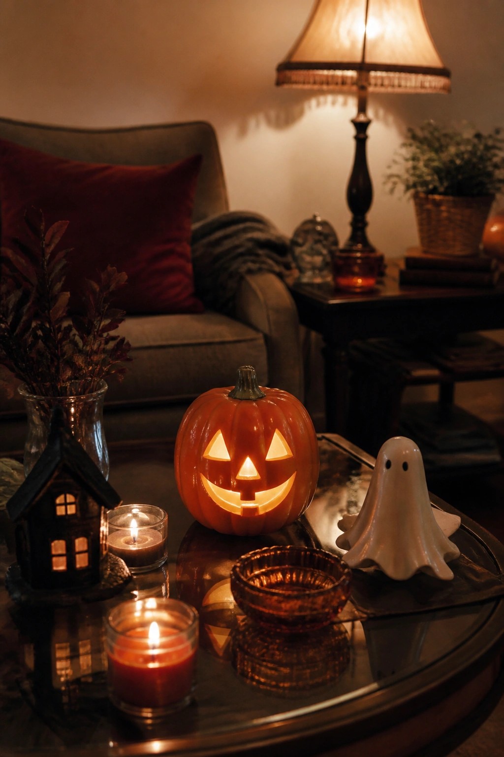 A lit jack-o'-lantern centerpiece sits on a glass coffee table with a small white ghost figurine and two candles in a living room.