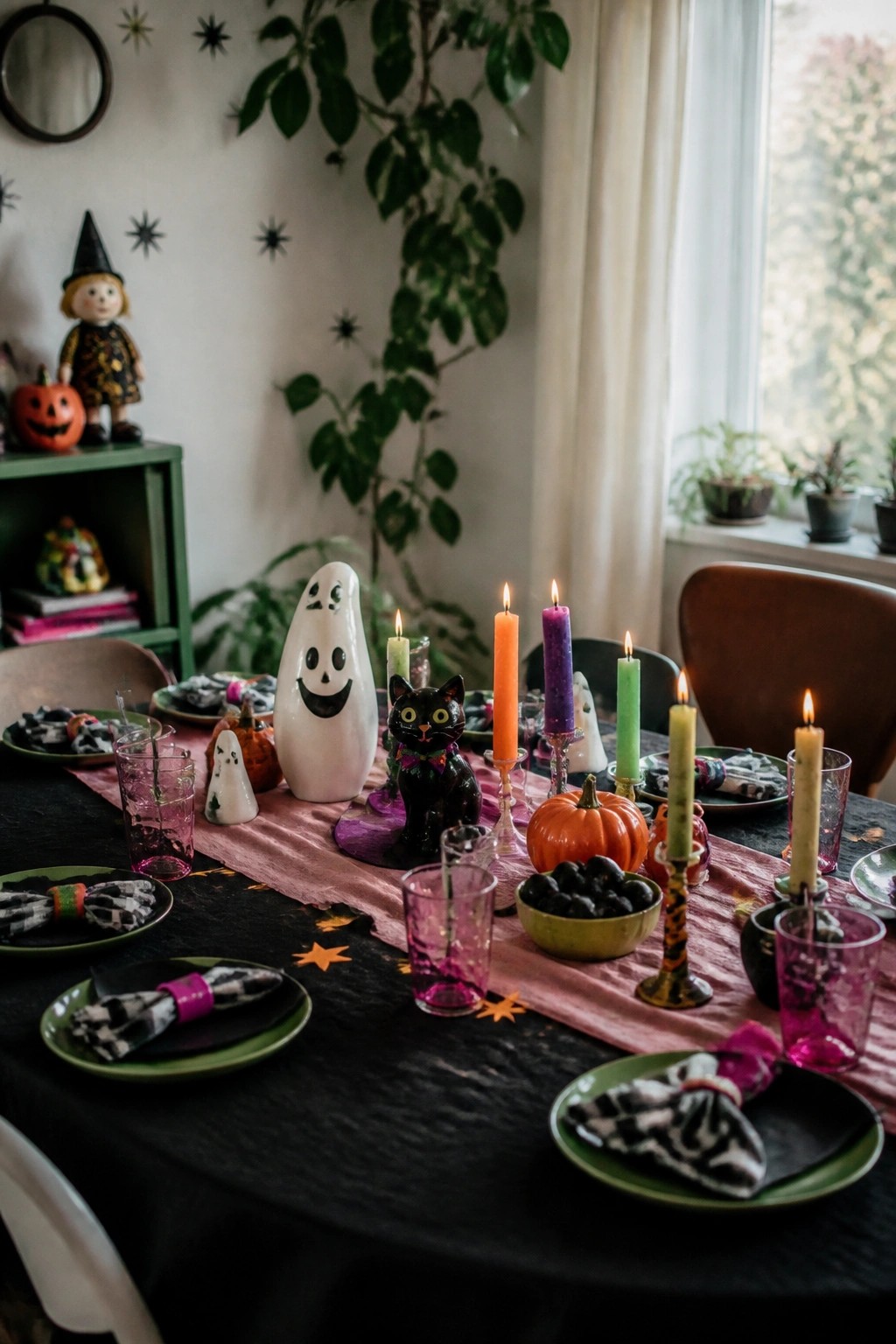 A long dining table decorated with white ghost figurines, a black cat centerpiece, colorful lit candles, and Halloween place settings on a pink runner.