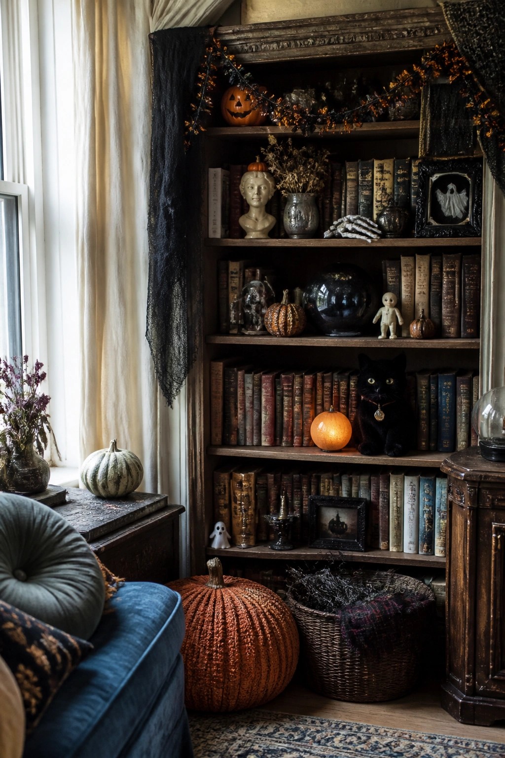 Built-in wooden bookshelves filled with old books and Halloween decorations including jack-o'-lanterns, a black cat figurine, ghost figures, a skeleton hand, and vintage items.