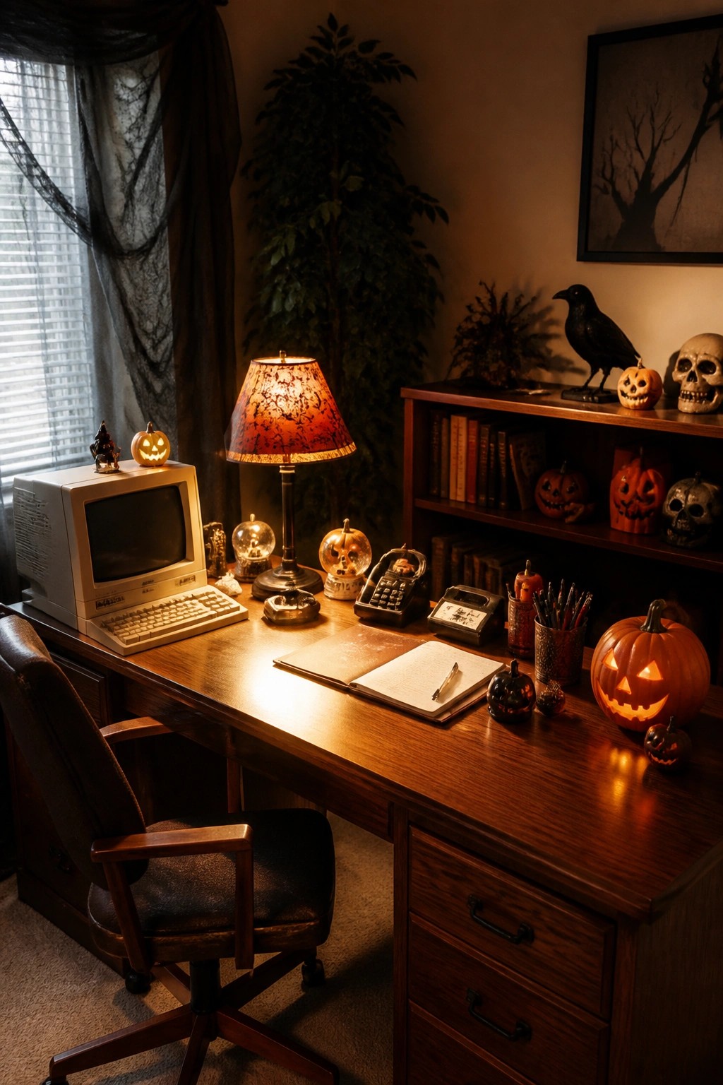 Wooden desk with a vintage computer, multiple glowing jack-o'-lanterns, skulls on a bookshelf, and a black crow figure.