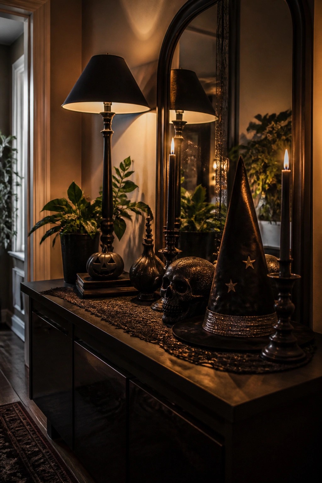 Dark console table holding a glittery black witch hat, skull, black candles, and small jack-o'-lantern in front of a large arched mirror.