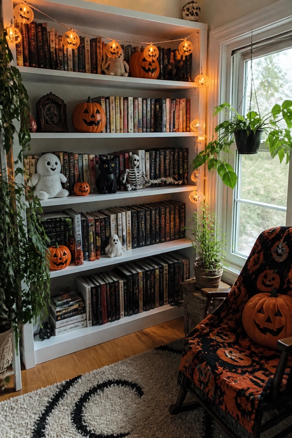 White built-in bookshelves filled with books and decorated for Halloween with glowing jack o lantern string lights, orange pumpkins, ghosts, a skeleton, and a black cat figurine.