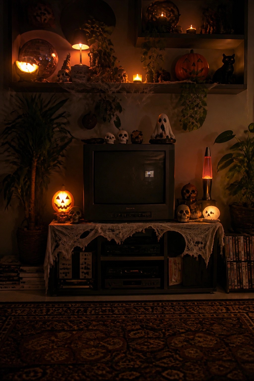 Living room TV console decorated with skulls, jack-o'-lanterns, a ghost figure, and a lava lamp in front of an old CRT television.