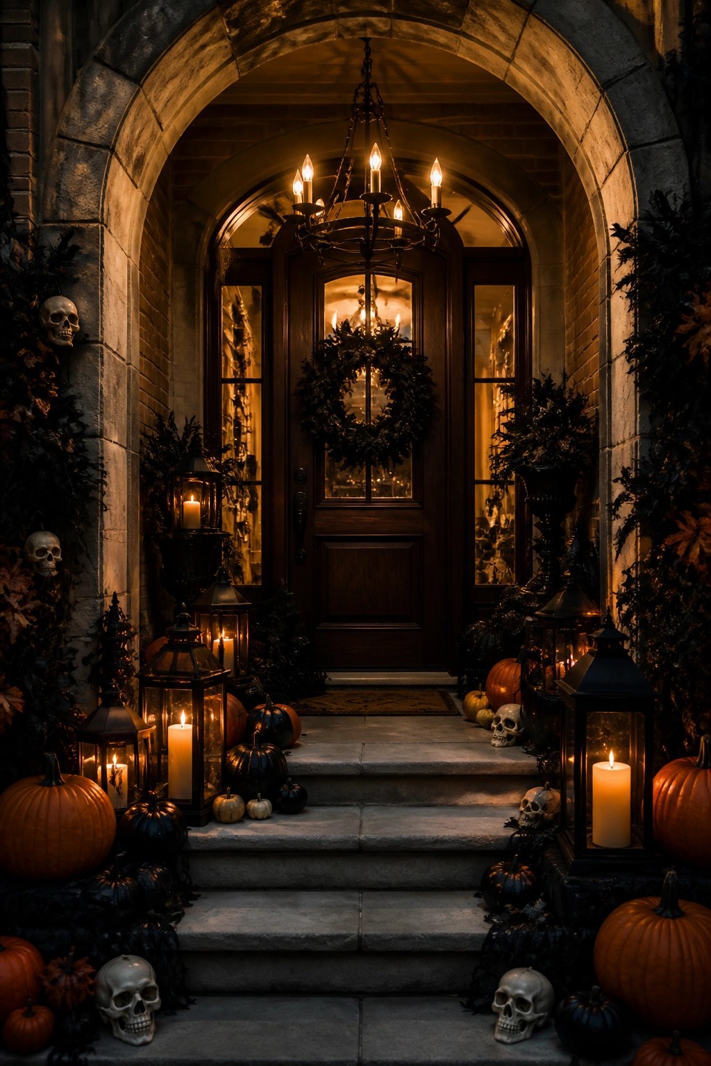 Front door entry decorated with multiple skulls, black lanterns, and pumpkins arranged on the steps and around an arched doorway.
