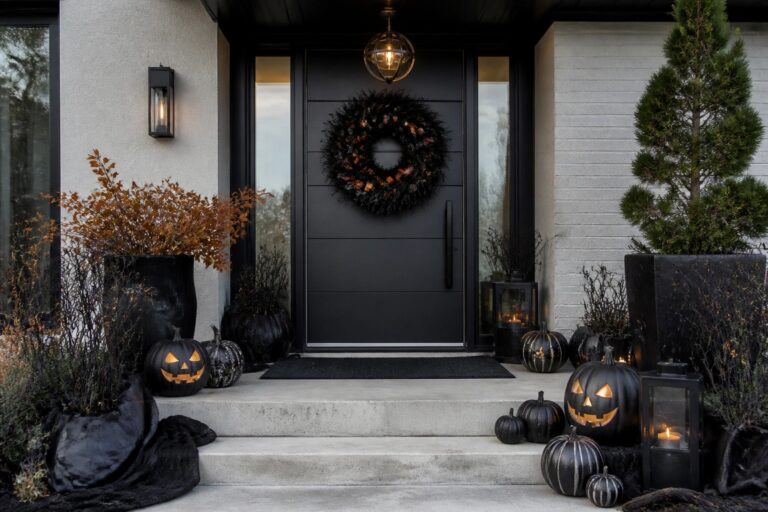 21 Welcoming Outdoor Halloween Door Looks for Seasonal Curb Appeal Black front door with a large black wreath featuring orange lights and a black bow, flanked by black planters, pumpkins, and lanterns on the steps.