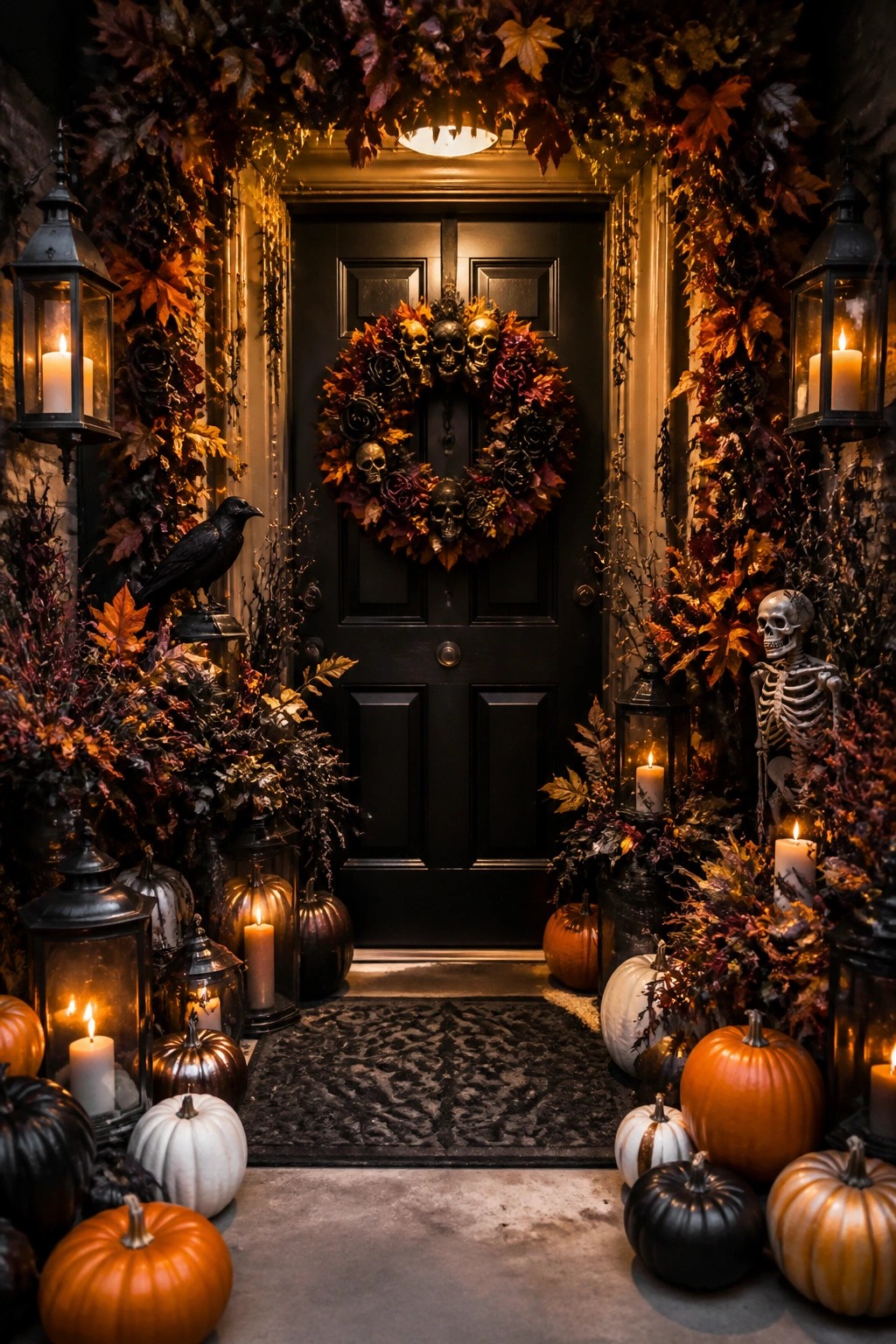 A black front door with a large Halloween wreath made of skulls and dark flowers, flanked by skeletons, lanterns, and pumpkins on the ground.