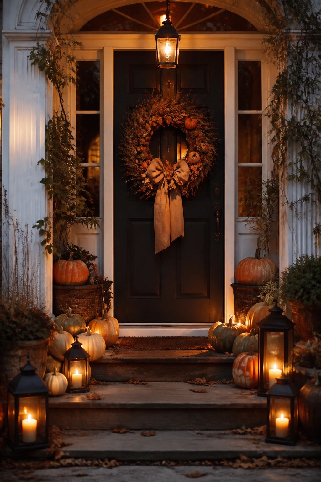 Decorated front door with autumn wreath, pumpkins, and candlelit lanterns on steps.