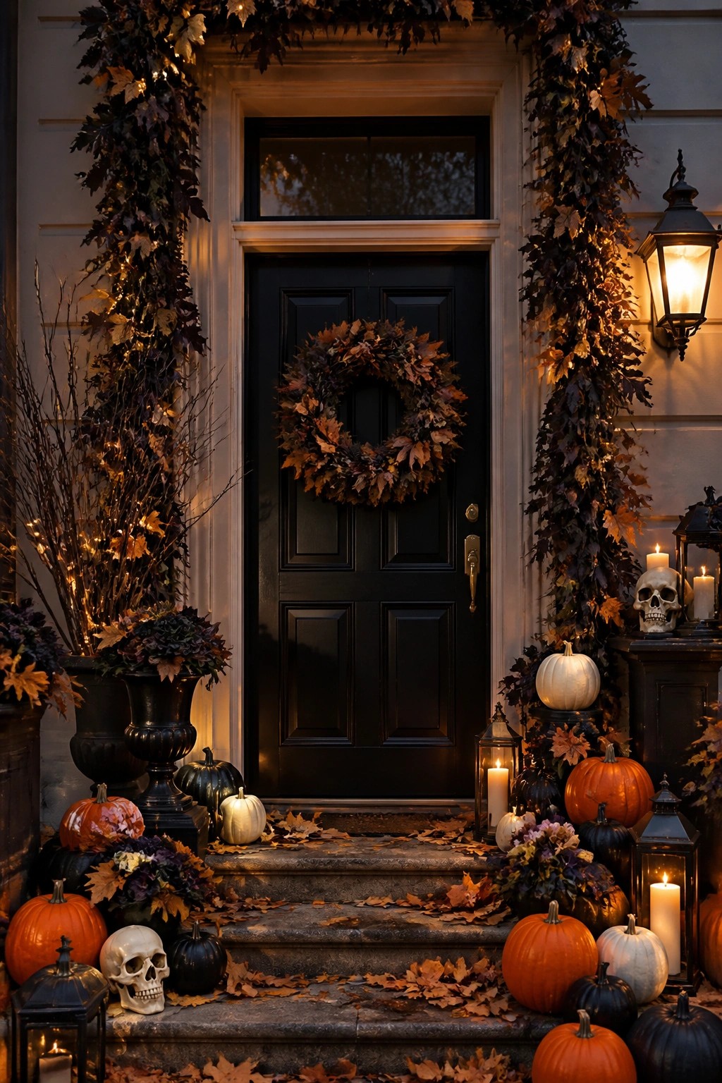 Black door with autumn wreath, flanked by pumpkins, skulls, and glowing lanterns at night.