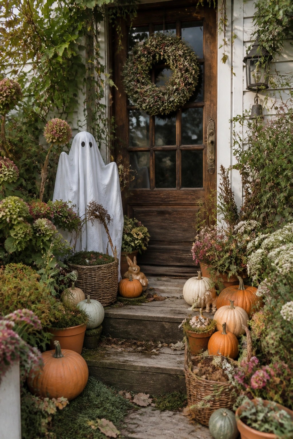 Front porch steps with a white sheet ghost standing among pumpkins and potted plants beside a wooden door with a wreath.