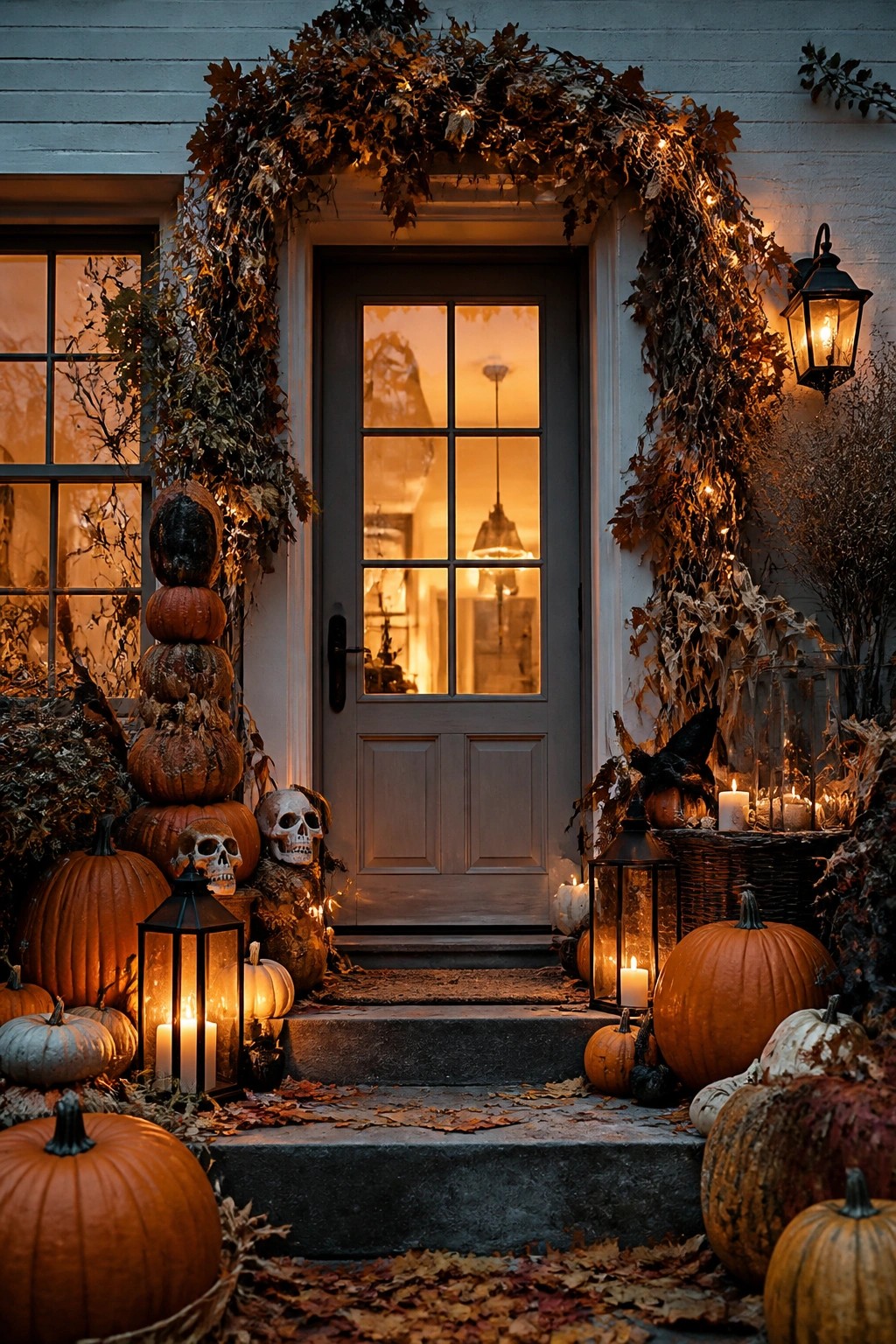 Front door with stacked pumpkins, skulls, and lit lanterns arranged on the steps.