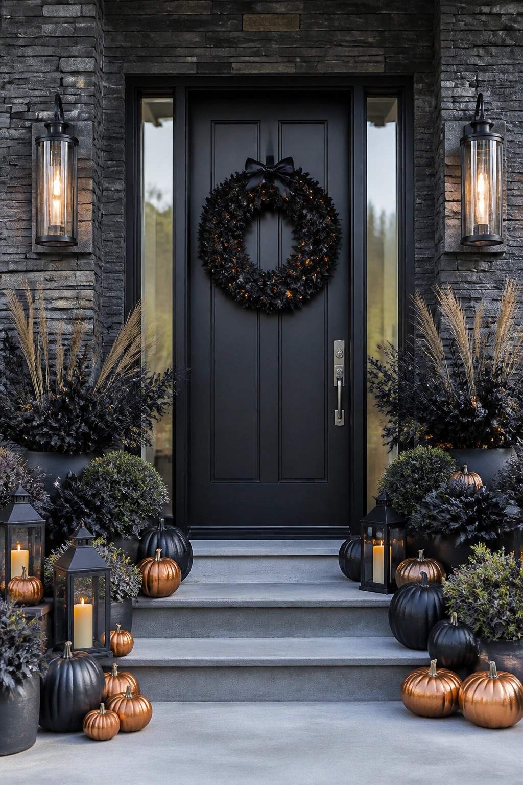 Black front door with a large black wreath featuring orange lights and a black bow, flanked by black planters, pumpkins, and lanterns on the steps.