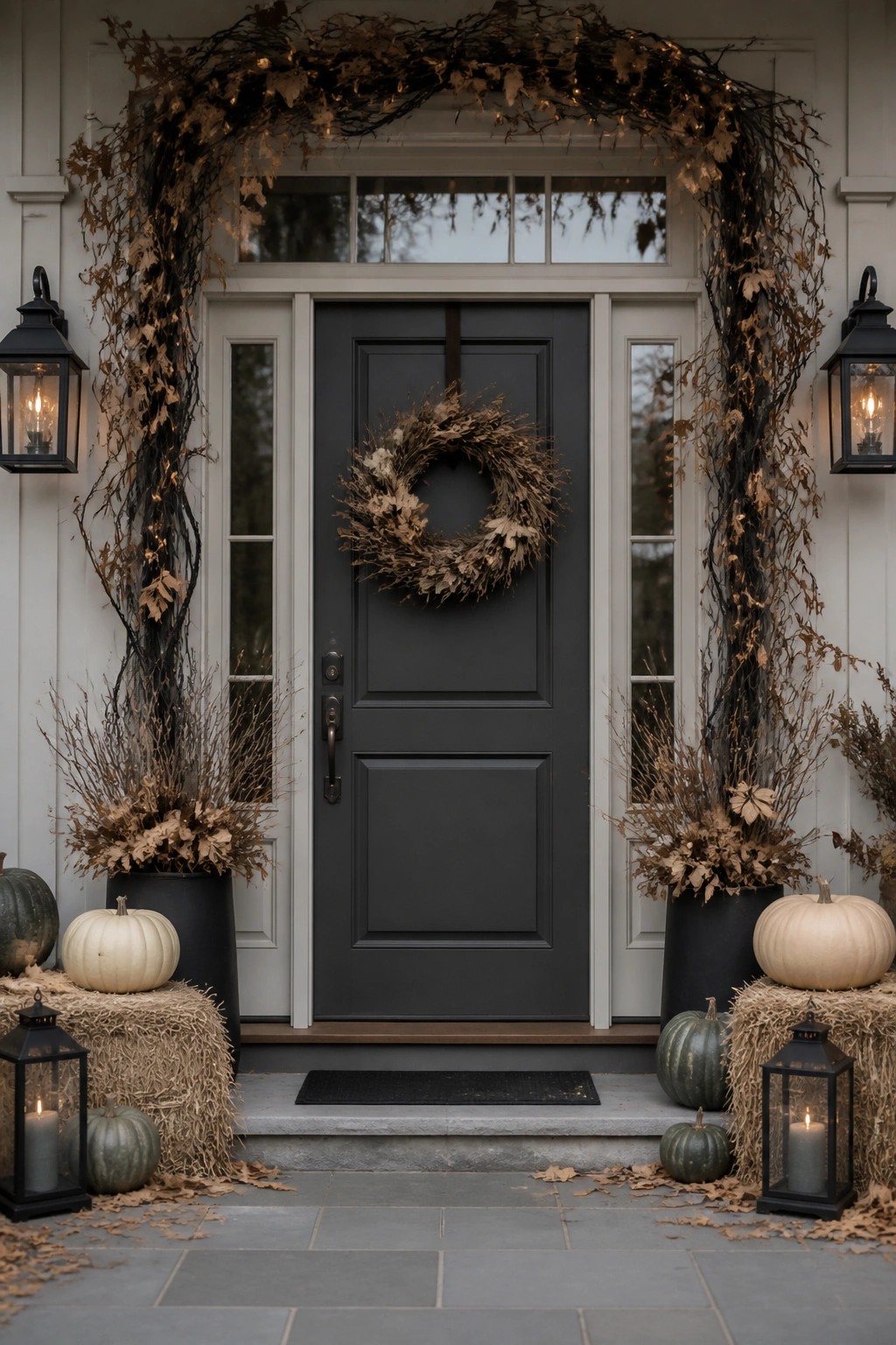 Dark front door with a dried leaf wreath centered on the panel, flanked by black planters holding dried branches and pumpkins resting on hay bales.
