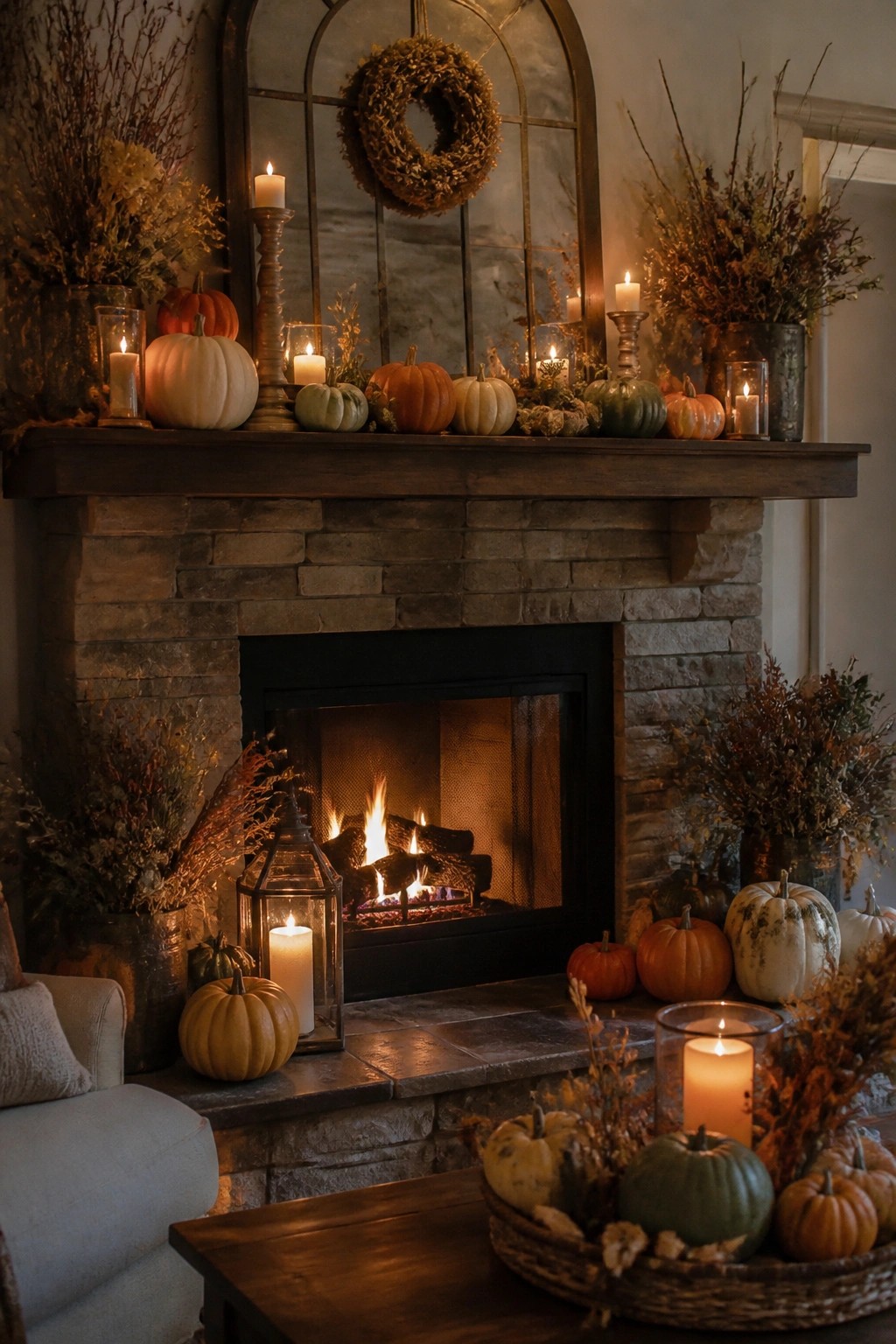 Stone fireplace mantel covered with white, orange, and green pumpkins of varying sizes, along with candles and dried branches.
