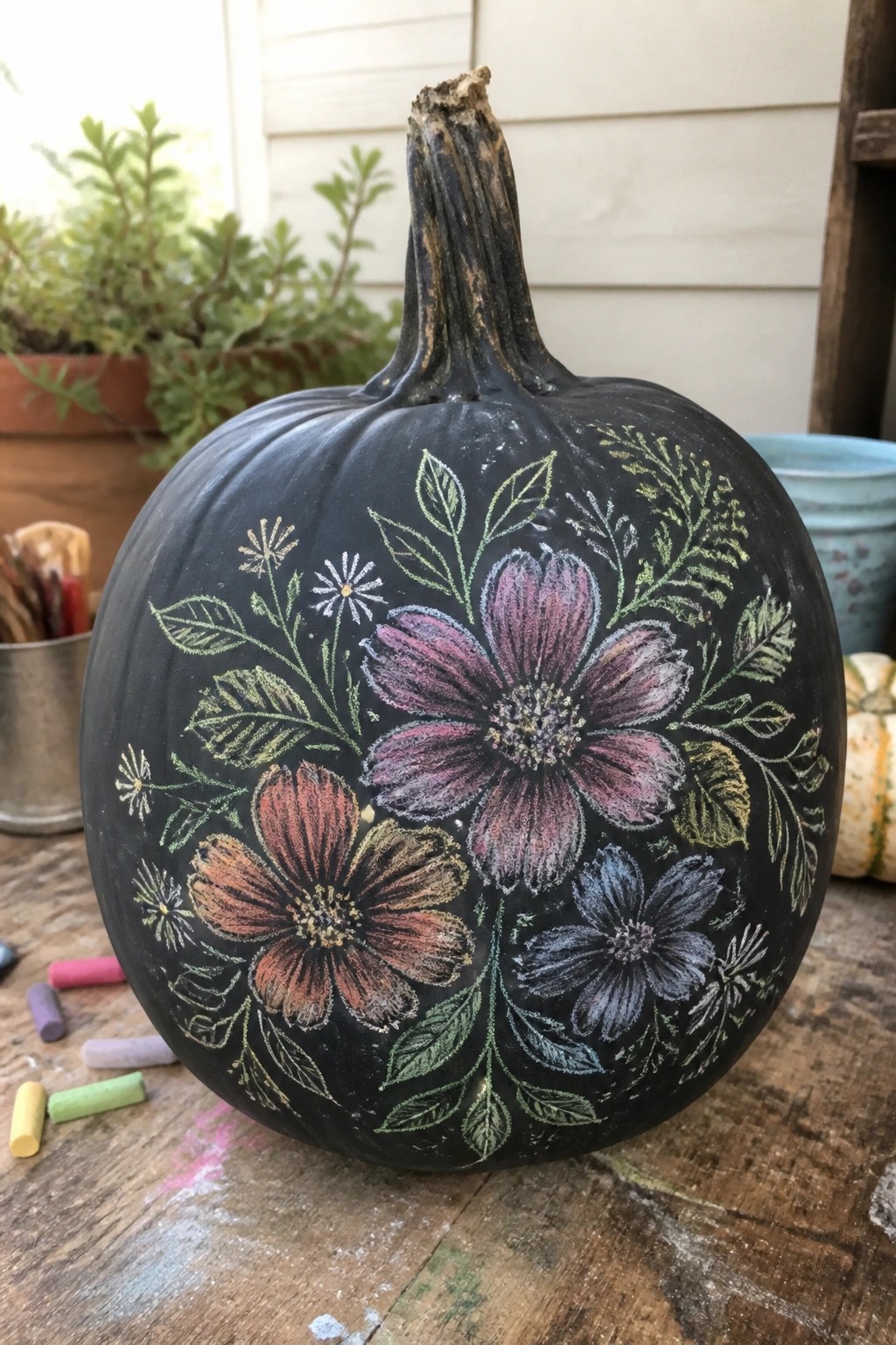 Black pumpkin with colorful chalk-drawn flowers and green leaves on wood