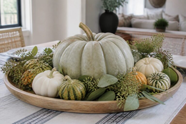 21 Winning Pumpkin Decorating Contest Ideas Everyone Will Love A large white pumpkin topped with white roses and greenery sits on a wooden tray surrounded by smaller white and green striped pumpkins.
