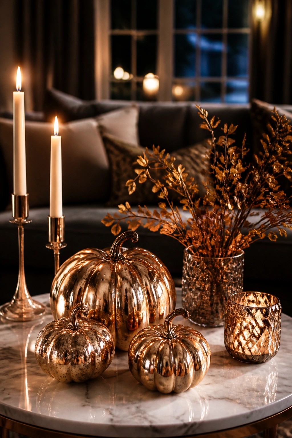 Coffee table with three metallic copper pumpkins of different sizes, two lit taper candles in silver holders, and two lit textured glass votives beside a vase of dried branches.