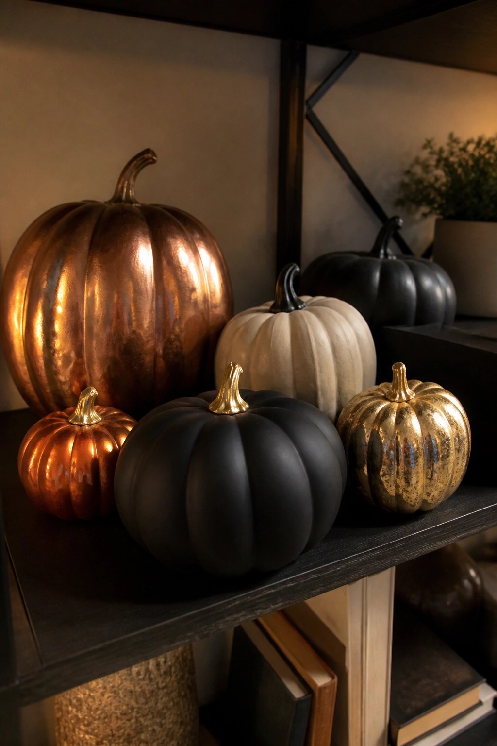 Dark shelf holding a group of metallic and matte pumpkins in copper, gold, black, and white finishes.