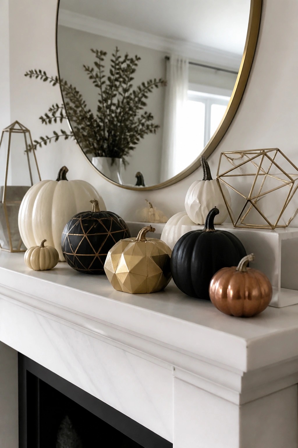 White mantel with black, gold, white, and copper decorative pumpkins beside round mirror