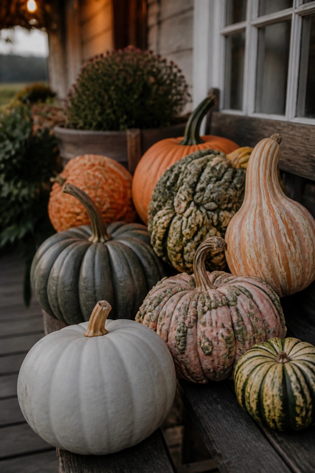 Assorted pumpkins and gourds of various colors and textures on a wooden porch