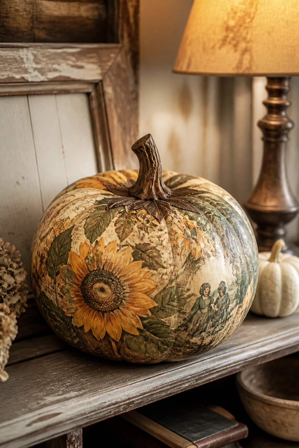 Large pumpkin painted with sunflowers, leaves, and a vintage scene of two women, displayed on a rustic wooden surface.