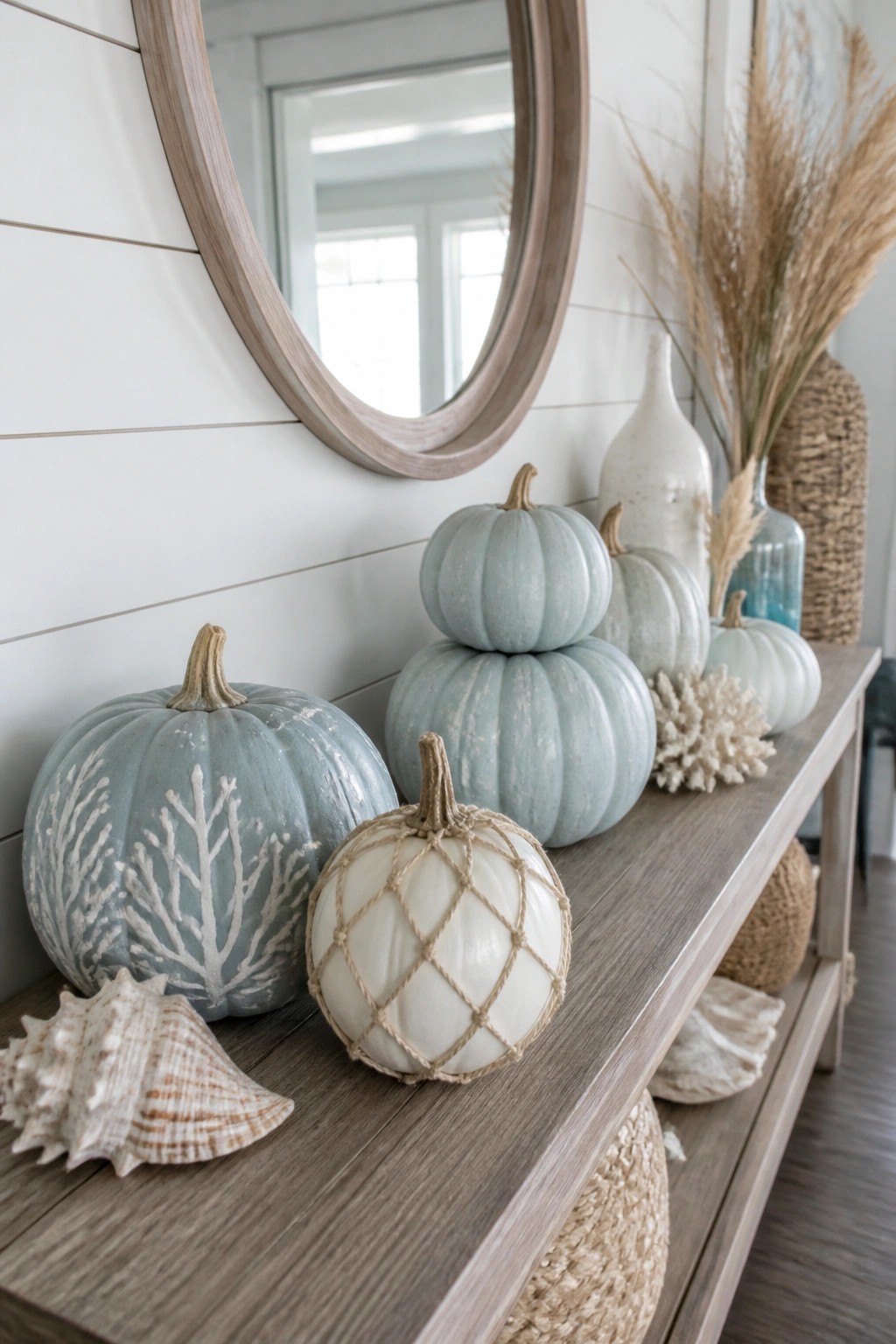 Console table with light blue pumpkins painted in white coral patterns, a white pumpkin wrapped in rope netting, and scattered seashells.