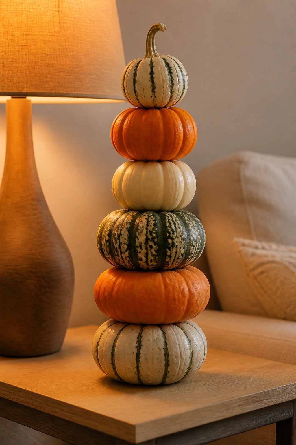 A tall stack of multicolored pumpkins sits on a wooden table beside a lit lamp.