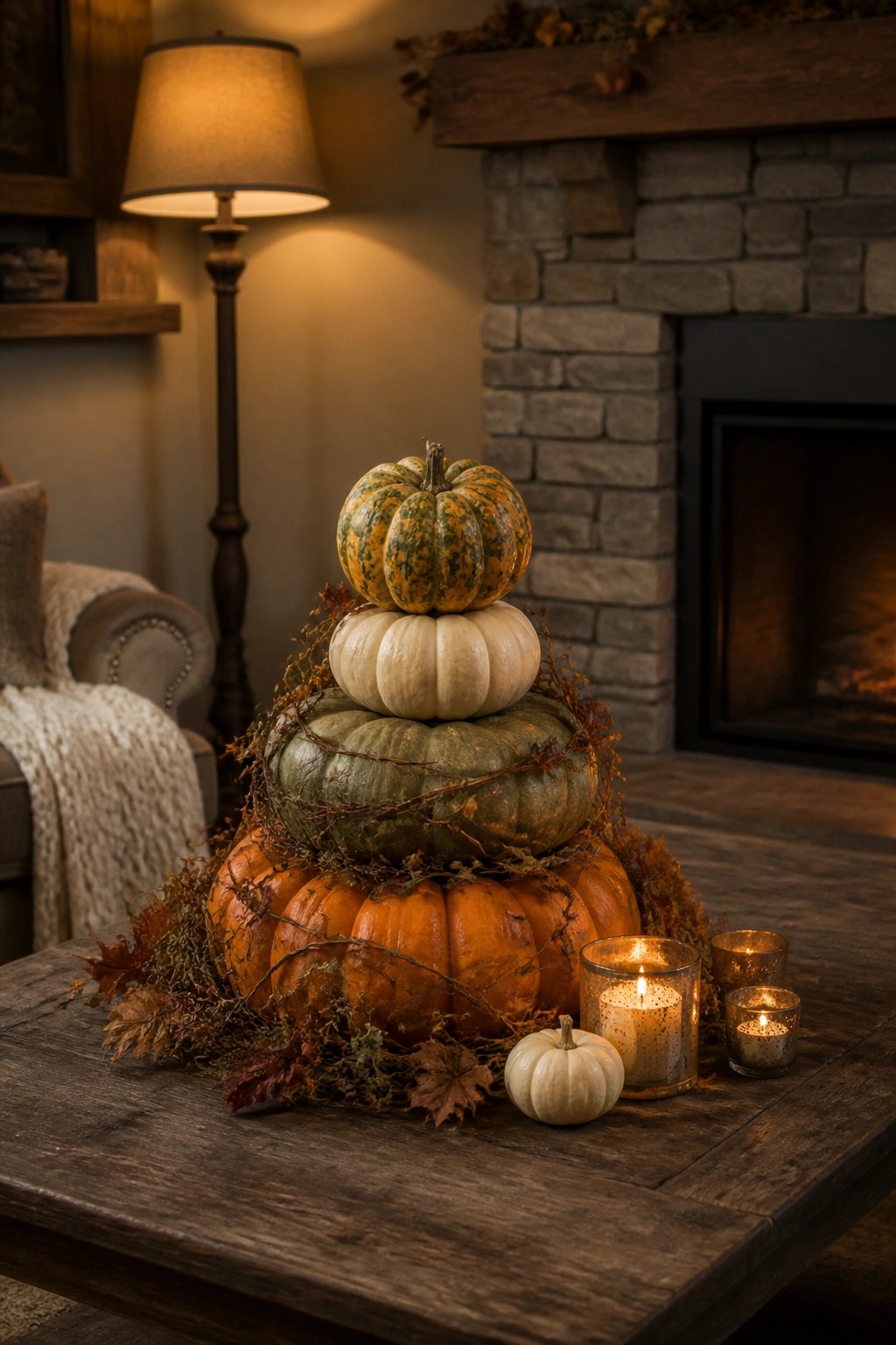 Wooden coffee table holding a tall stack of pumpkins in orange, green, white, and mottled shades with scattered leaves and three lit candles nearby.