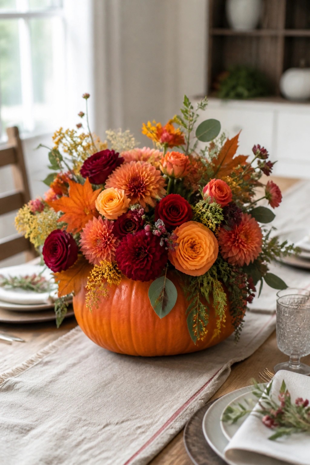 An orange pumpkin filled with red, orange, and yellow flowers serves as a dining table centerpiece surrounded by place settings.