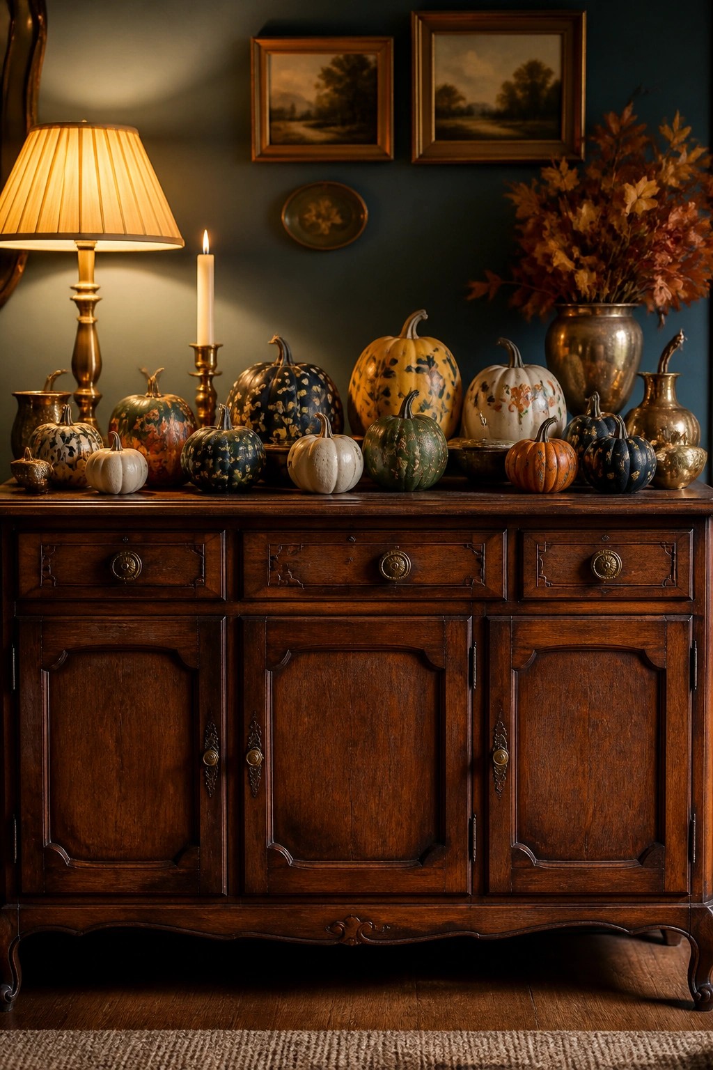 Wooden console table displaying a collection of painted mini pumpkins in various colors and patterns with a lit candle and lamp nearby.
