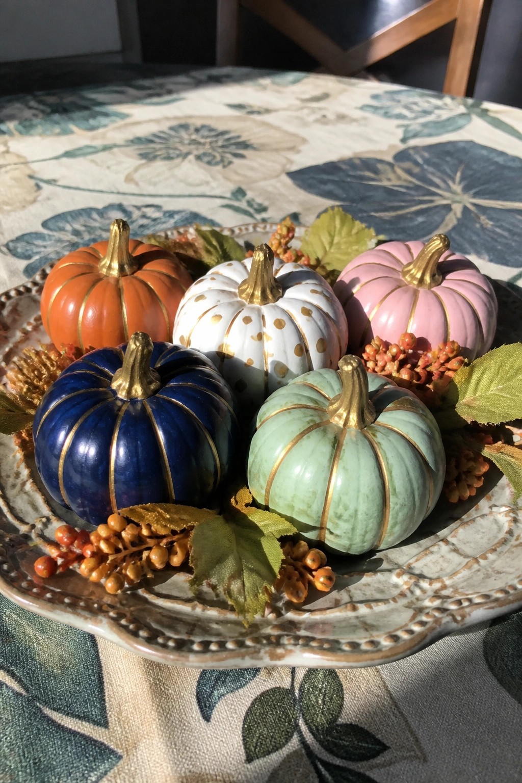 A round tray holding five painted mini pumpkins in orange, white with gold dots, pink, blue, and mint green, arranged with autumn leaves and berries on a patterned tablecloth.