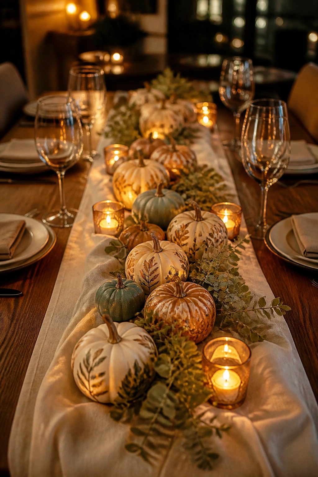 Autumn table with painted pumpkins, lit candles, and greenery on white runner