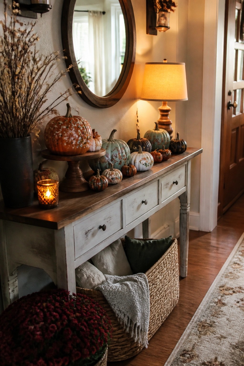 Painted mini pumpkins arranged across a whitewashed console table in an entryway.