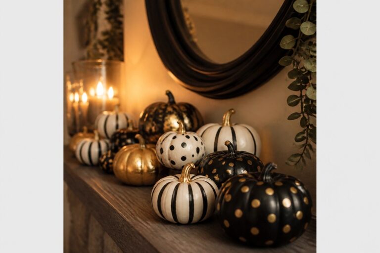 23 Adorable Mini Pumpkin Painting Ideas for Any Space Wooden mantel lined with painted mini pumpkins in navy, white, green, and orange tones, with eucalyptus sprigs and a tall glass candle.