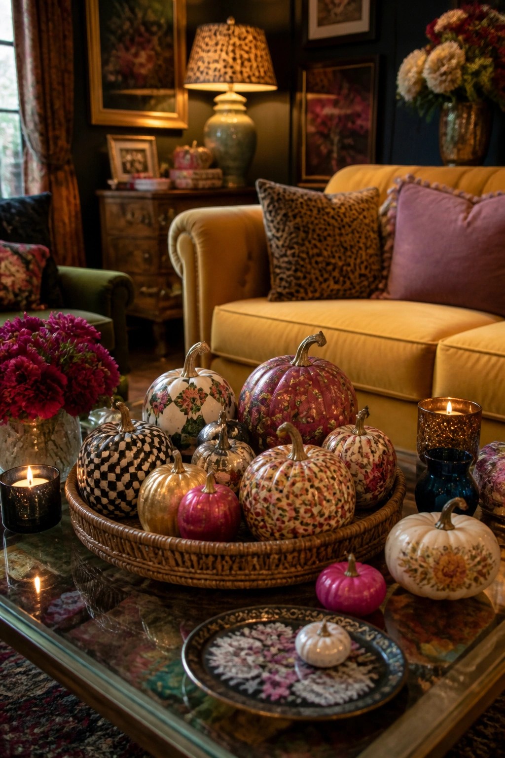 Coffee table with a woven tray and basket filled with mini pumpkins painted in floral, checkered, and metallic patterns.