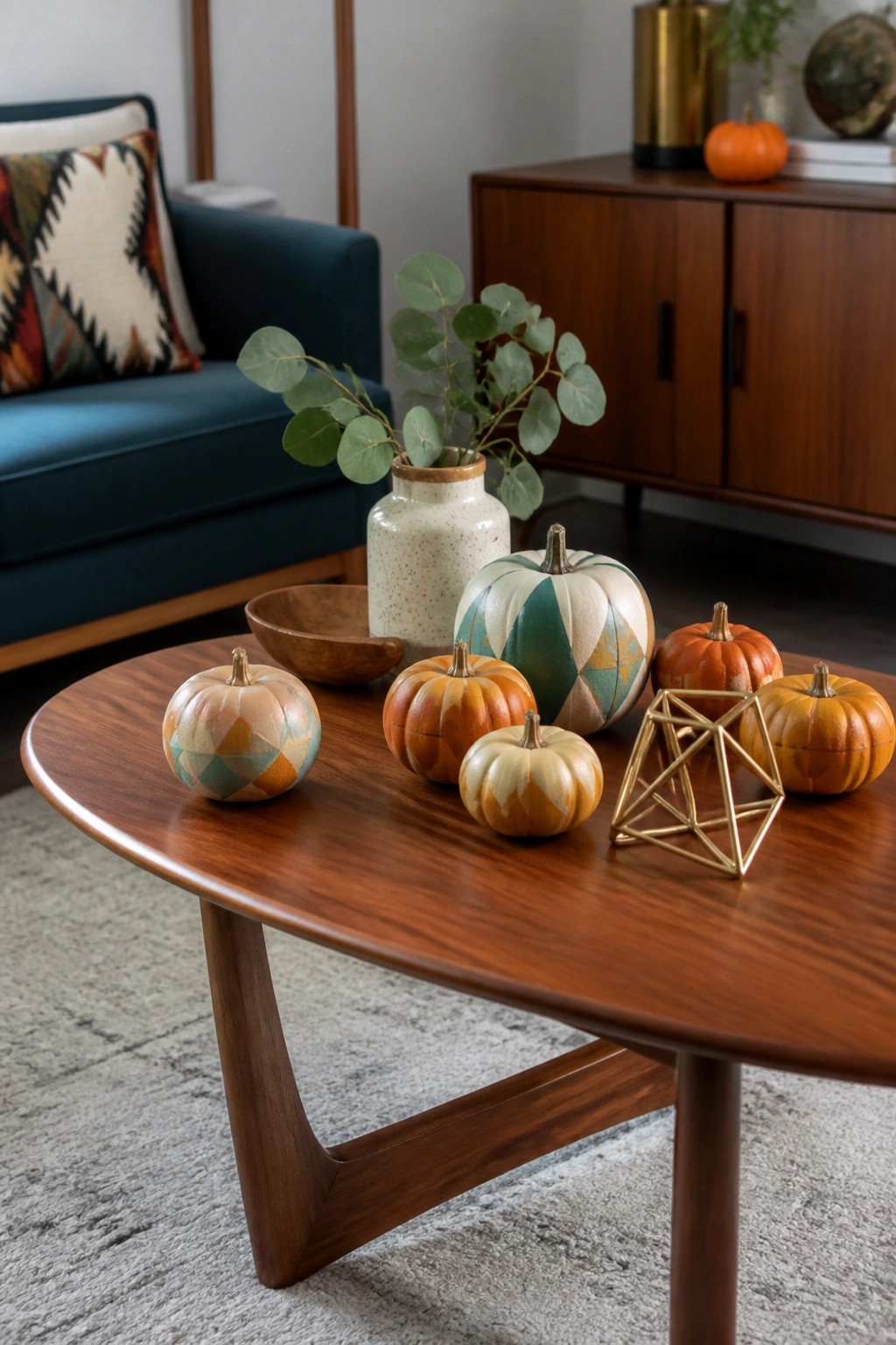 Wooden coffee table holding several mini pumpkins painted with geometric patterns in teal, peach, and mustard, mixed with a few real orange pumpkins and a speckled vase of greenery.