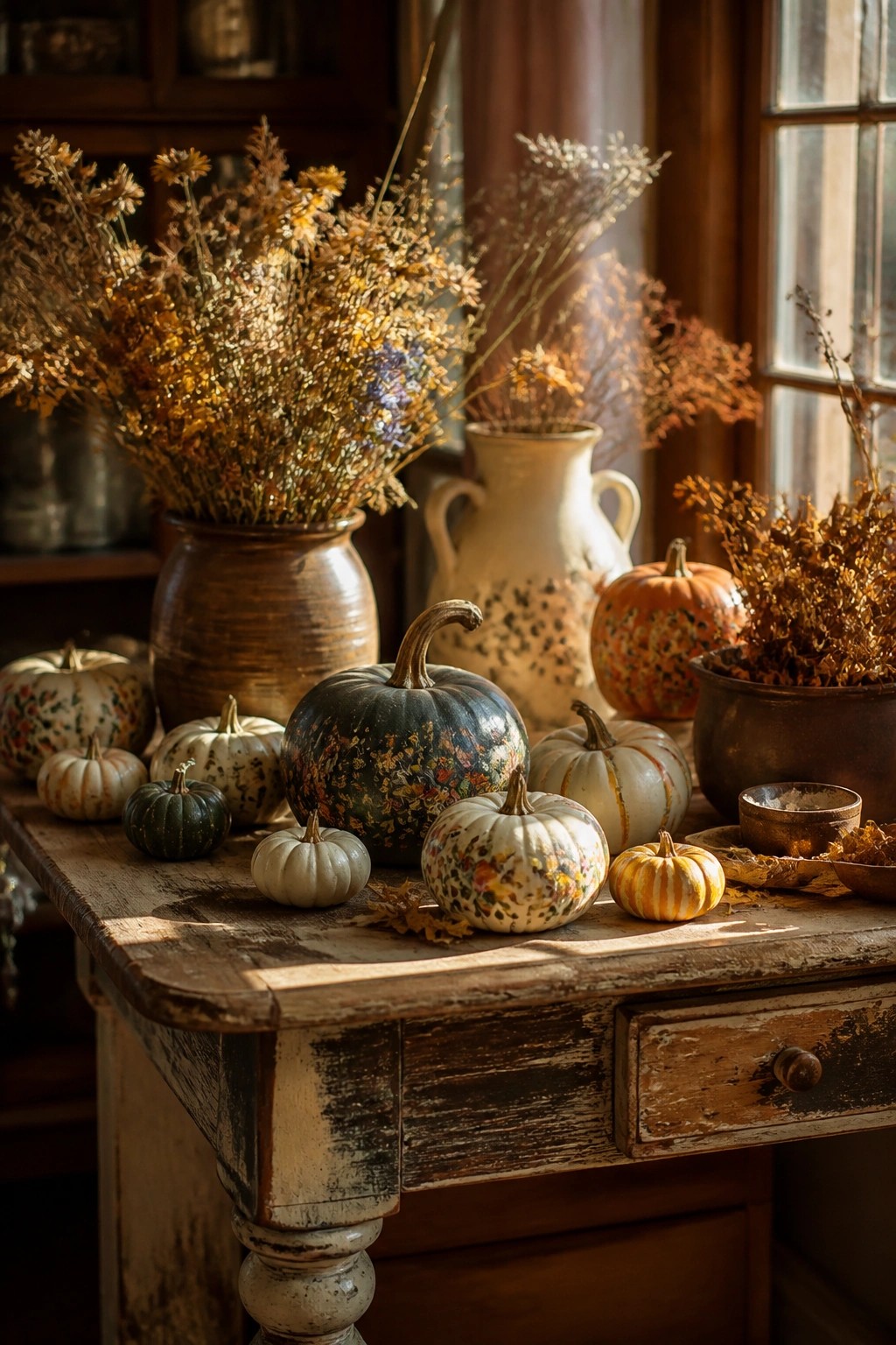 A rustic wooden table holds a collection of small painted pumpkins in white, floral, and striped designs, surrounded by dried flowers in ceramic and metal vases.