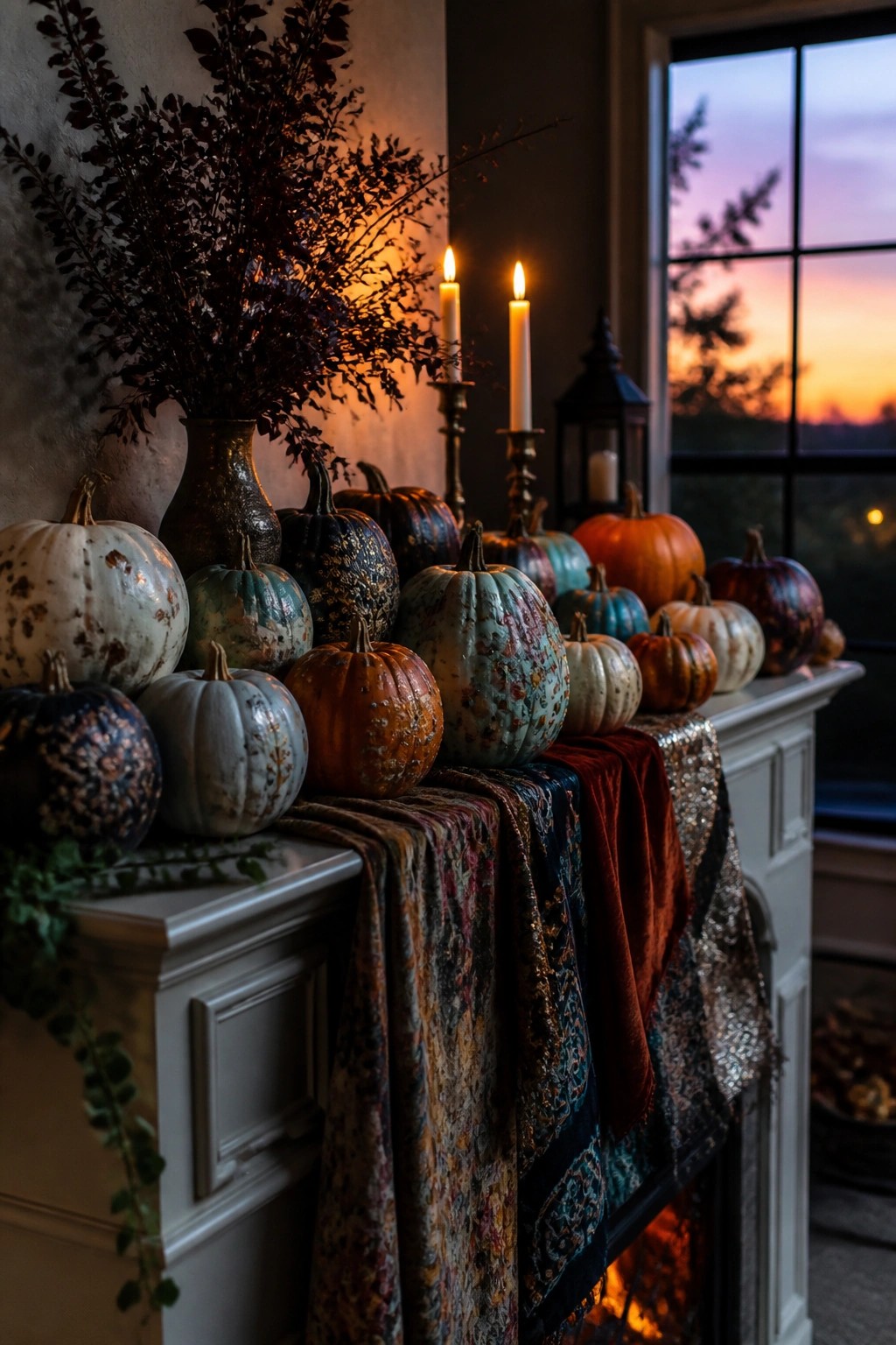 Autumn mantel with colorful patterned pumpkins, lit candles, and autumn foliage at dusk