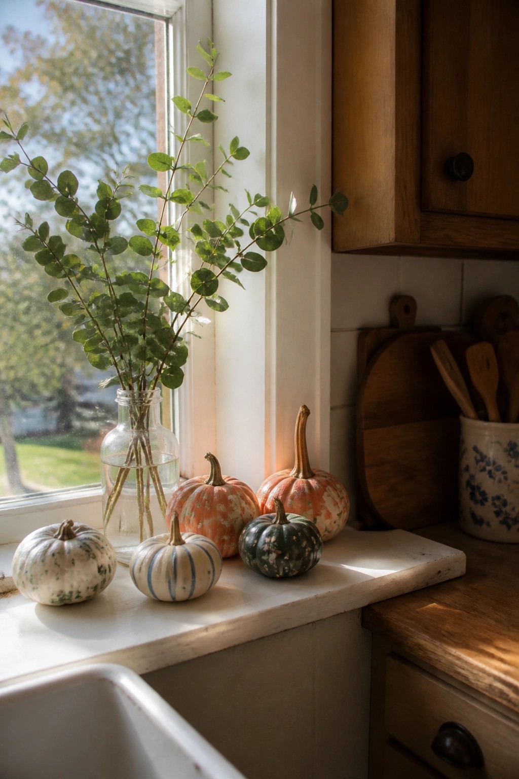 Kitchen windowsill lined with small painted pumpkins in white, orange, and green patterns beside a glass vase of eucalyptus.